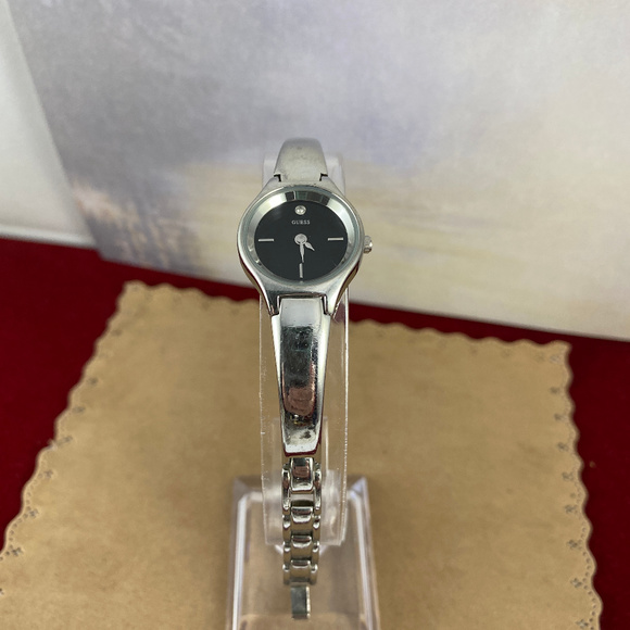 Guess Silver Tone Watch Black Face Bangle & Links